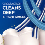 Graphic of angled cross-action bristles reaching between teeth with text about cleaning deep in tight spaces.