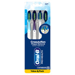 Front product photo of an Oral-B CrossAction plaque removal toothbrush 4-pack in retail blister packaging