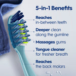 Detail infographic of an Oral-B CrossAction toothbrush head with callouts listing five cleaning benefits