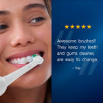 Lifestyle-style image of a person brushing with an Oral-B brush head alongside a quoted five-star customer review
