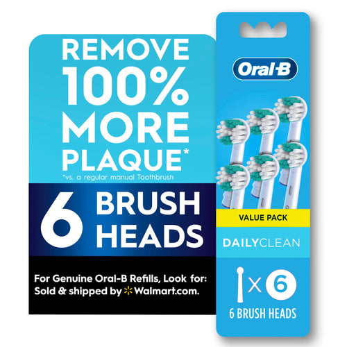 Cardboard value-pack panel for Oral‑B DailyClean showing six brush heads and large plaque claim.