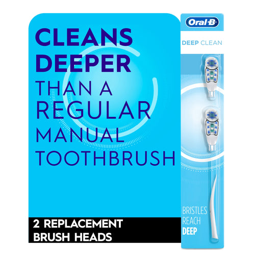 Oral‑B packaging graphic with bold copy 'CLEANS DEEPER THAN A REGULAR MANUAL TOOTHBRUSH' and two replacement heads visible
