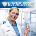 Smiling dental professional holding an Oral‑B battery toothbrush with banner reading 'DENTIST RECOMMENDED BRAND WORLDWIDE, ORAL‑B'