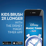Graphic promoting the Disney Magic Timer app with a smartphone image and bold text on a blue Oral‑B background