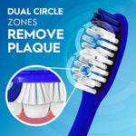 Close-up graphic of an Oral-B Dual Clean toothbrush head with text 'Dual Circle Zones Remove Plaque' on blue background.