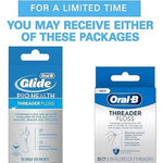 Graphic showing two possible Oral‑B threader floss package designs with headline explaining limited time packaging