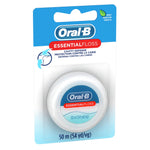 Tilted view of Oral‑B EssentialFloss blister pack showing logo, mint icon and floss spool