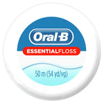 Close-up top view of Oral‑B EssentialFloss spool with brand logo and 50 m measurement visible