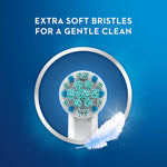 Round Oral‑B replacement brush head illustration with extra soft bristles and feather icon on blue background