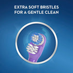 Close-up illustration of a purple Oral‑B toothbrush head showing extra soft bristles inside a circular frame