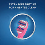 Close-up infographic of an Oral-B toothbrush head showing extra soft multi-level bristles inside a circular frame on blue background.
