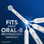 Graphic showing an Oral‑B brush head fitting onto multiple rechargeable handle styles with 'fits most Oral‑B rechargeable handles' text