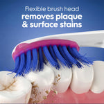 Close-up illustration of an Oral-B toothbrush head scrubbing teeth, highlighting plaque and stains removal