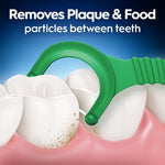 Close-up illustration of a green Oral‑B floss pick sliding between teeth removing plaque and food particles