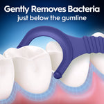 Illustration of a purple Oral-B floss pick cleaning along the gumline with caption about gently removing bacteria just below the gumline.