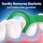 Illustration of a green Oral‑B floss pick cleaning just below the gumline with text about gently removing bacteria
