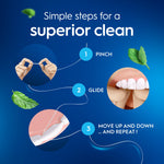 Illustrated step-by-step infographic showing how to pinch, glide and move floss for a superior clean with mint accents
