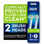 Oral-B FlossAction packaging graphic showing two replacement brush heads and bold claim ‘clinically proven floss-like clean’
