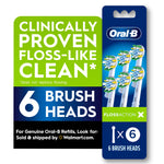 Oral‑B FlossAction packaging graphic showing six replacement brush heads and large claim 'Clinically proven floss‑like clean'.