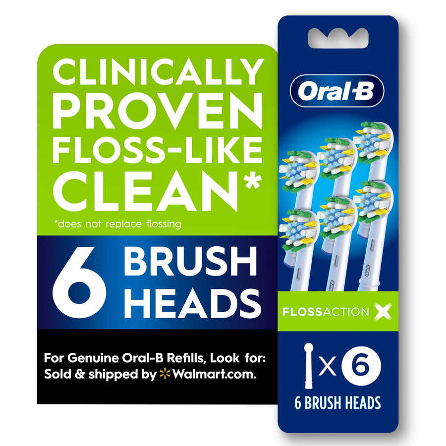 Oral‑B FlossAction packaging graphic showing six replacement brush heads and large claim 'Clinically proven floss‑like clean'.