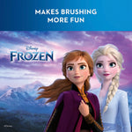 Promotional artwork featuring Disney Frozen characters Anna and Elsa with text 'Makes brushing more fun' on blue background.
