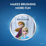 Circular badge showing Elsa and Anna from Disney Frozen II on a blue Oral‑B branded background with promotional text