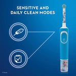 Blue Oral-B kids electric toothbrush handle with Frozen-themed brush head and icons for 'sensitive' and 'daily clean' modes.