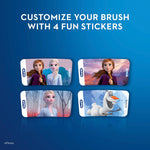 Four rectangular Frozen-themed decorative stickers featuring Anna, Elsa and Olaf with 'Customize your brush' text on blue background.