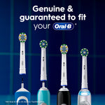 Graphic showing multiple Genuine Oral-B brush heads mounted on different electric toothbrush handles with fit guarantee text
