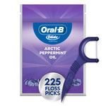 Purple Oral-B Glide pouch labeled Arctic Peppermint Oil with a large 225 floss picks badge and a purple floss pick overlapping the package.