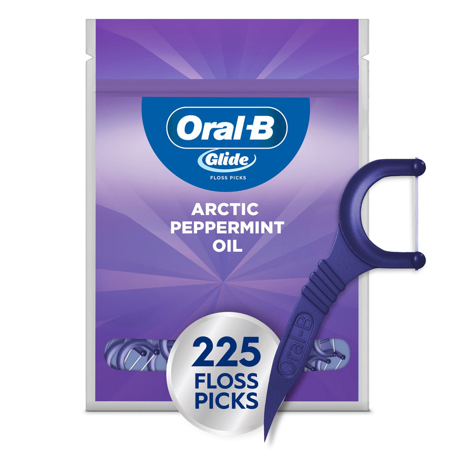 Purple Oral-B Glide pouch labeled Arctic Peppermint Oil with a large 225 floss picks badge and a purple floss pick overlapping the package.