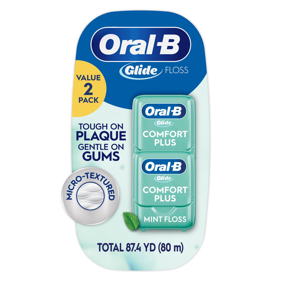 Oral-B Glide Comfort Plus mint floss twin-pack blister card showing two stacked green floss containers