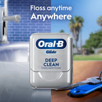 Oral‑B Glide single silver floss container staged against a split background of sink and keys with 'Floss anytime Anywhere' text.