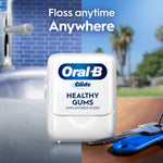 Single Oral-B Glide healthy gums floss container shown on a split background suggesting bathroom and on-the-go use