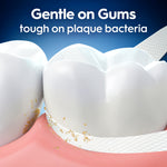 Close-up dental graphic showing Oral‑B Glide floss wrapped around a tooth near gums with headline about being gentle on gums.