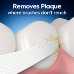 Close-up graphic of textured white floss sliding between teeth removing plaque with headline text about removing plaque