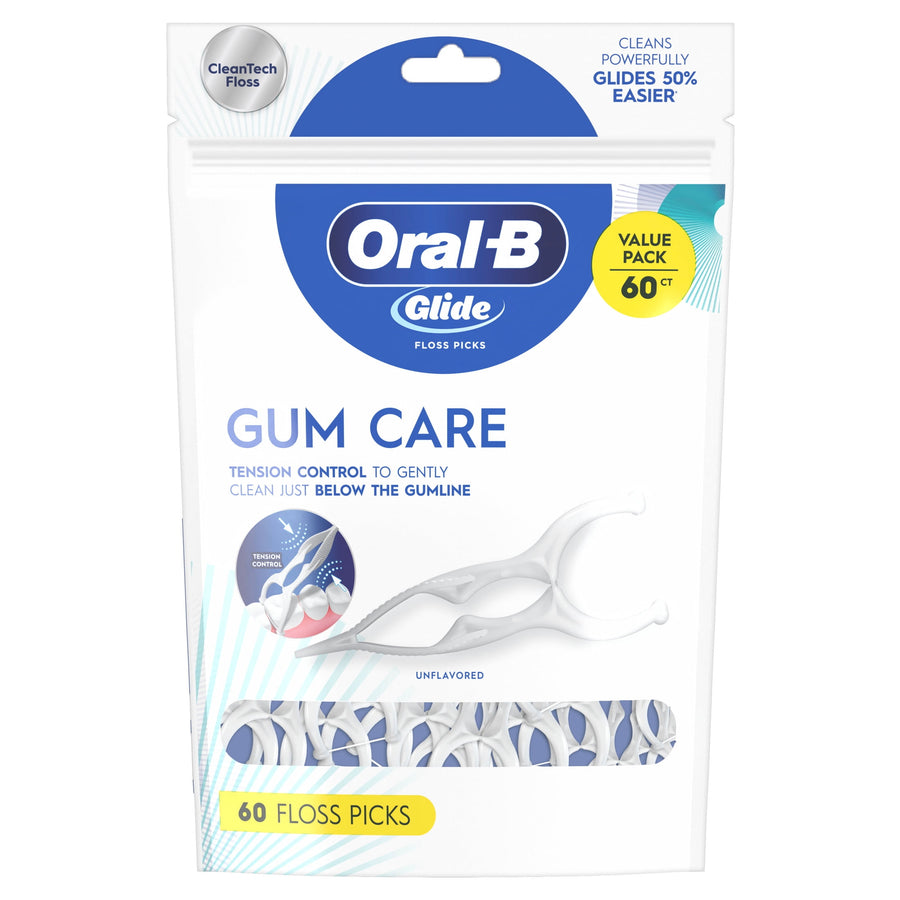 Oral‑B Glide Gum Care resealable pouch packaging with logo, floss pick illustration and a visible 60 floss picks yellow label.