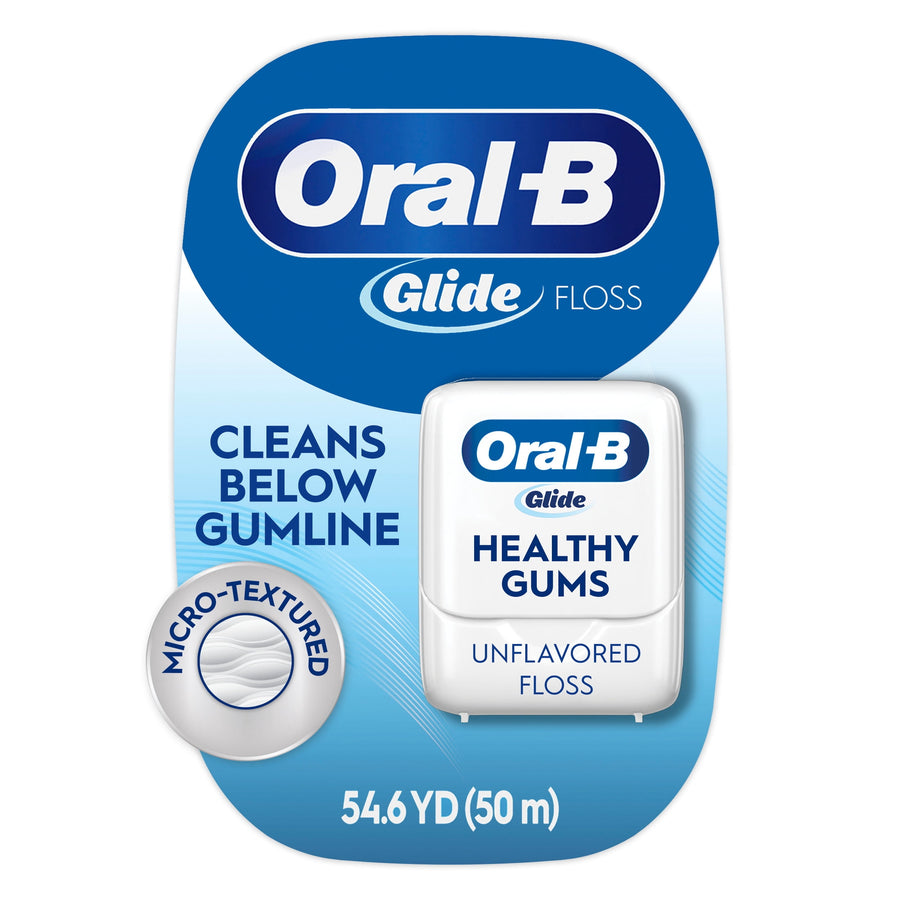 Oral-B Glide Healthy Gums unflavored floss retail card showing white floss case and micro-textured fiber badge