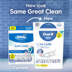 Packaging comparison graphic showing current and new Oral-B Glide Gum Care pouches side by side with promotional text