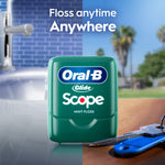 Green Oral‑B Glide Scope floss case shown in a split lifestyle scene with keys and a sink, tagline about flossing anywhere