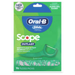 Front view of green Oral‑B Glide Scope Outlast floss picks pouch showing logo, mint flavor callout and 75 floss picks label
