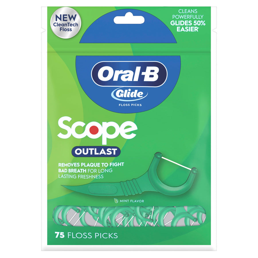Front view of green Oral‑B Glide Scope Outlast floss picks pouch showing logo, mint flavor callout and 75 floss picks label