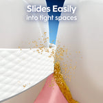 Graphic view of textured Oral‑B Glide floss sliding into a tight tooth gap with particles being removed and text about sliding easily.