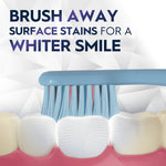 Close-up graphic of a blue toothbrush head brushing front teeth with text about brushing away surface stains