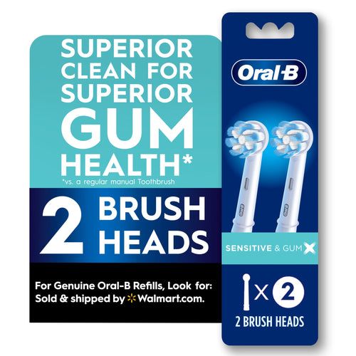 Oral‑B packaging graphic showing two replacement brush heads and large text promoting gum health and ‘2 brush heads’