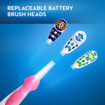 Oral-B toothbrush handle with three interchangeable brush heads depicted floating against blue background