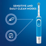 Blue electric toothbrush handle and icons illustrating two modes with text ‘SENSITIVE AND DAILY CLEAN MODES’ on gradient blue background.