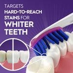 Illustrated Oral‑B toothbrush head targeting hard‑to‑reach stains on teeth with magnified inset showing improved whiteness.
