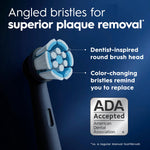 Oral‑B iO brush head angled bristle diagram with callouts and ADA Accepted seal on dark blue background