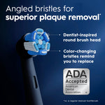 Oral‑B iO brush head on a black handle with callouts highlighting angled bristles and ADA Accepted badge